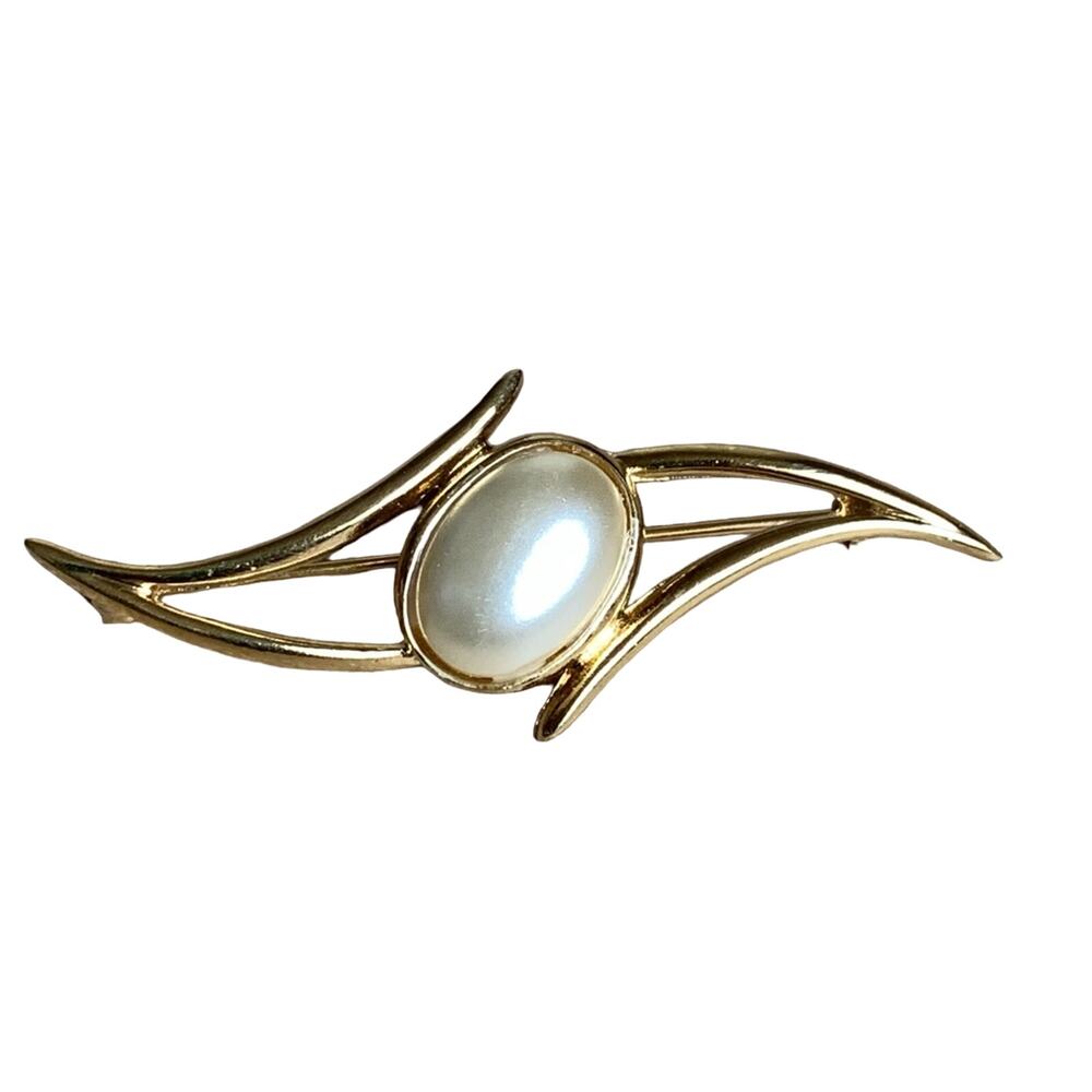 Vintage Napier Faux Pearl Gold Tone Brooch Pin Mid Century Modern Abstract Swirl